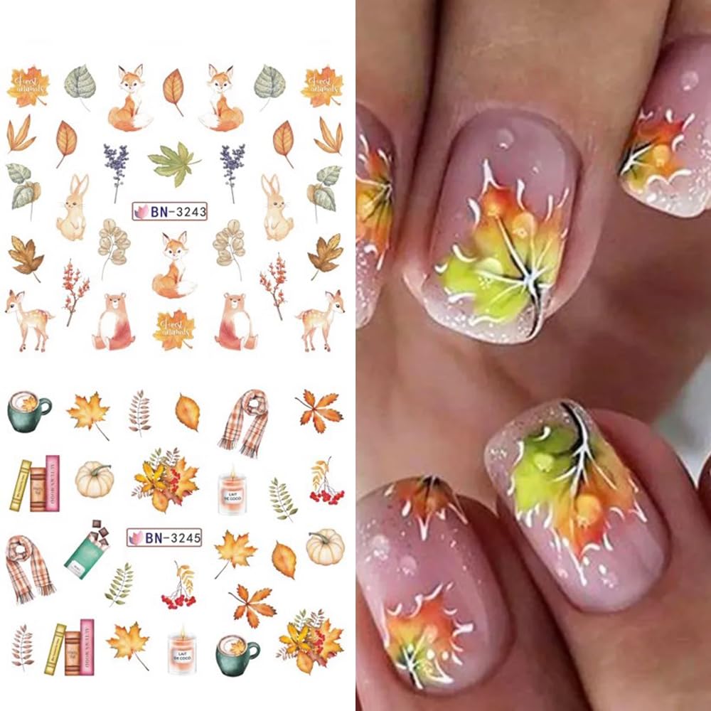 Fall Maple Leaf Nail Art Stickers for Thanksgiving Day Accessories - Autumn Water Transfer Decals With Fall Harvest Pumpkin Squirrel Bird Watermark Slider Foils for Women