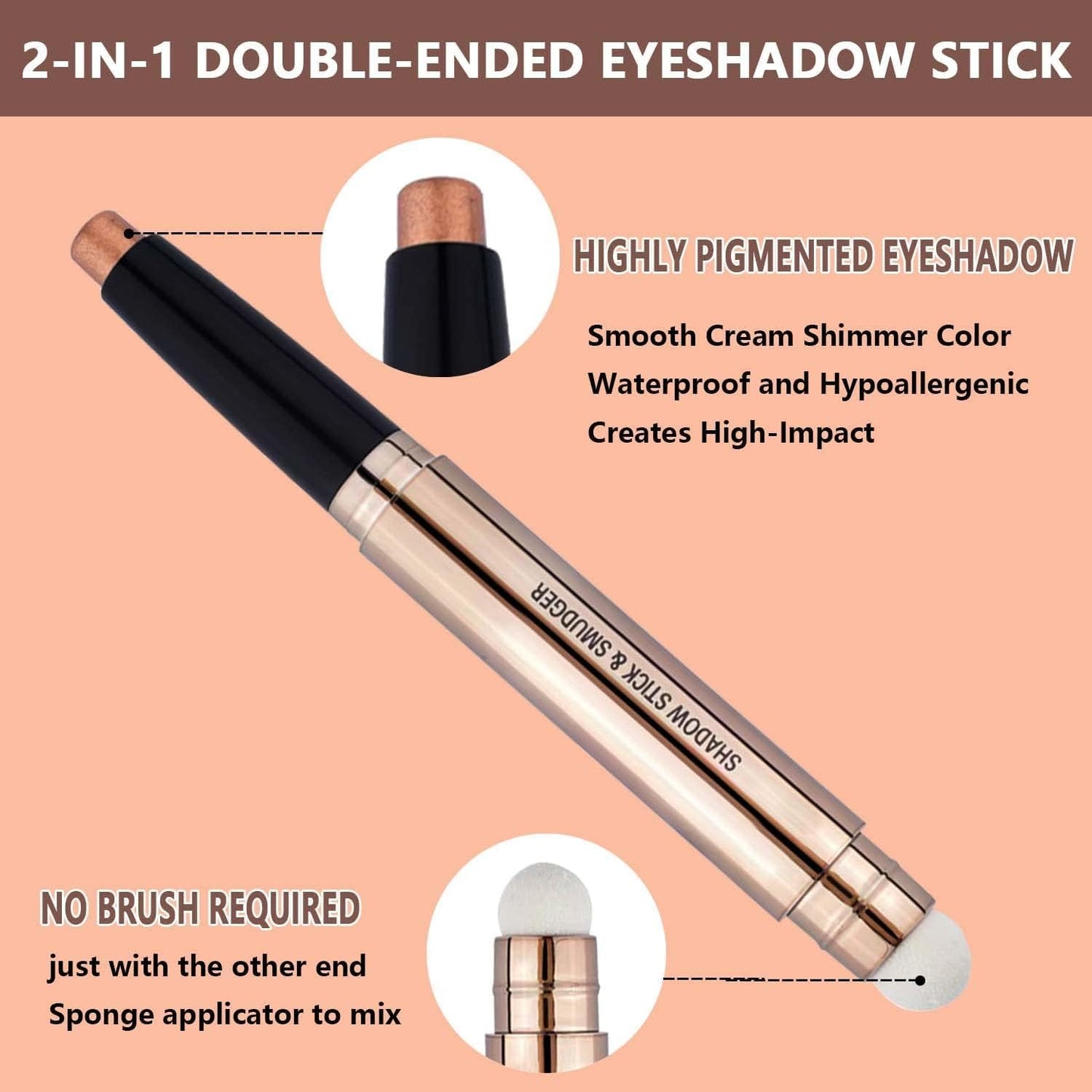 Champagne Eyeshadow Stick And Sponge Makeup Brush Cream Shimmer Smooth Shadow Pencil Eyeliner Long Lasting Waterproof Eye Shadow Highlighter Stick Hypoallergenic Multi-Dimensional Eyes Look ( # 04)