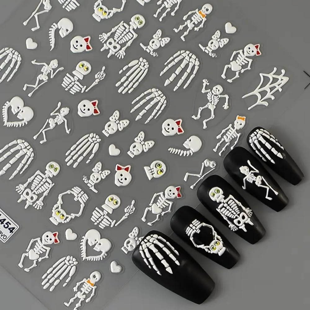 2 Sheets Halloween 5D Embossed Nail Art Stickers - Skeleton, White Skull Nail Stickers with Spider Web Heart Design - Self-Adhesive Horror Decals for Women - Art Supplies and Decorations