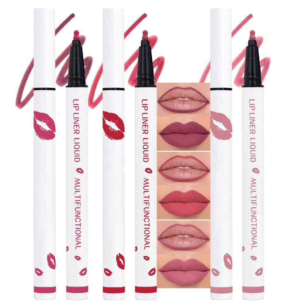 3Pcs Longwear Liquid Lip Liner Stain Marker Pen Set Long Lasting Waterproof, Mauve Dusty Pink Red Matte Permanent 24 Hour Lip Liner and Lipstick Combo, Color Stay Lipliner All Day, Lip Stains peel off