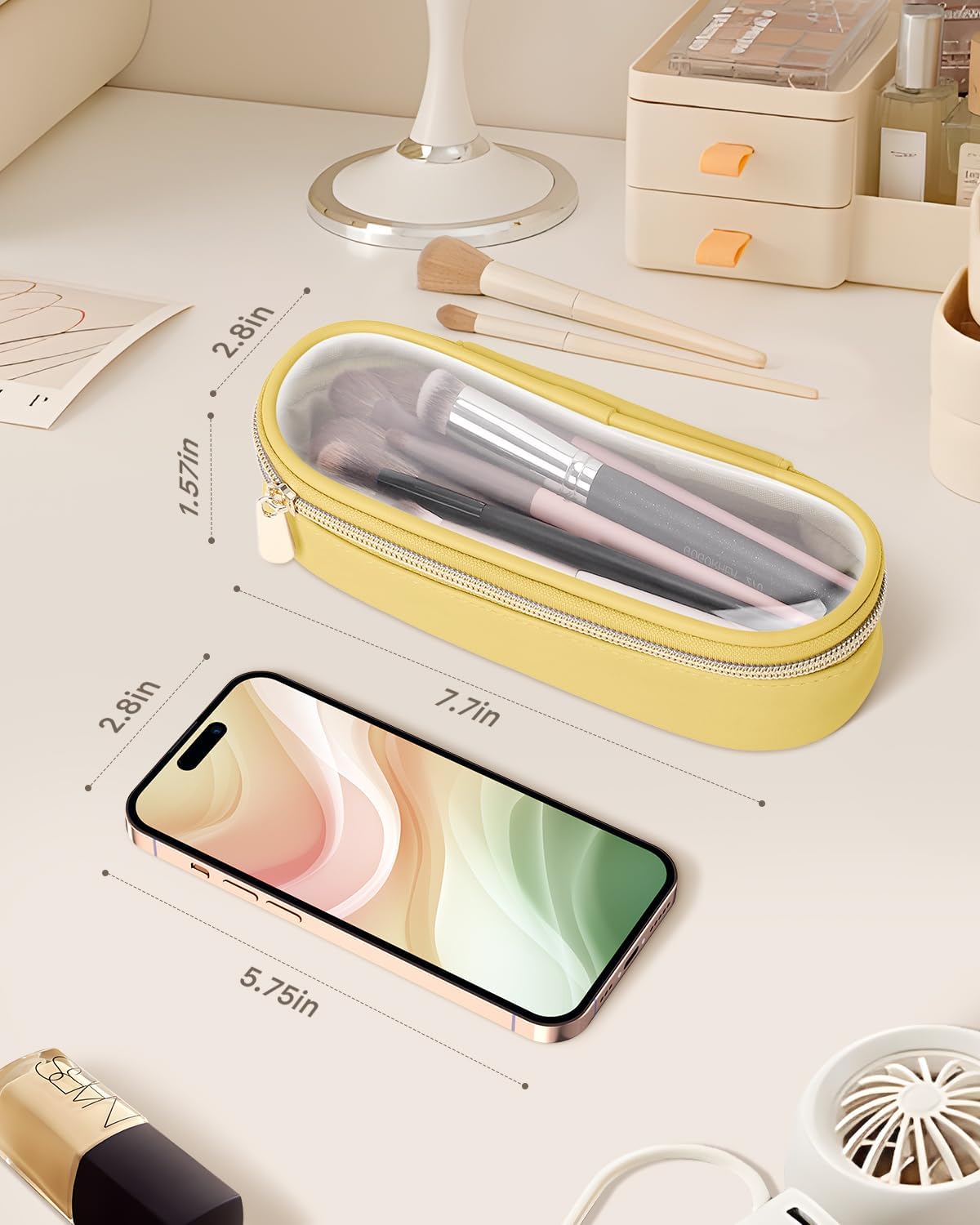Clear Travel Makeup Brush Holder, Leather Makeup Brush Toiletry Bag, Portable Cosmetic Brush Case, Transparent Waterproof Makeup Brush Storage Bag, Yellow
