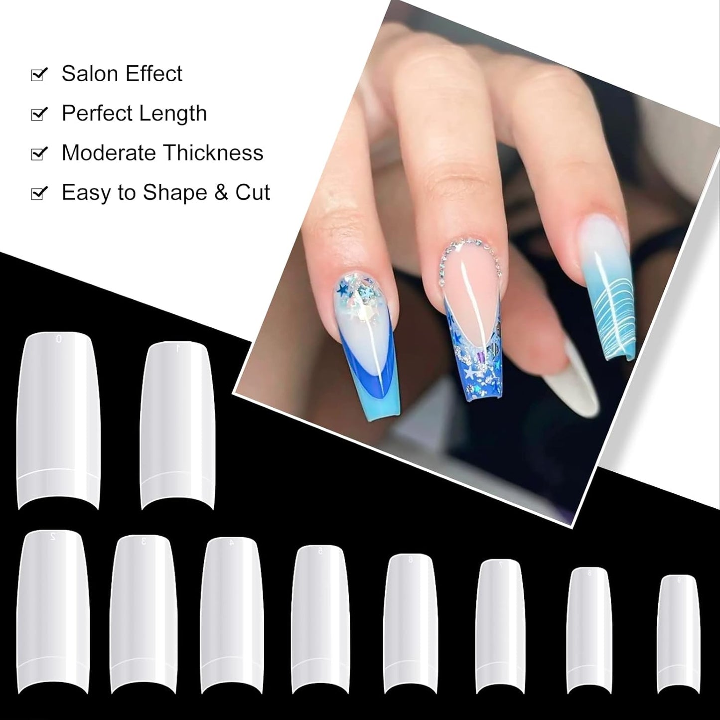 krofaue 500PCS False Nails Tips Lady French Style Acrylic Artificial Tip Manicure Half Cover with Box of 10 Sizes for Nail Tips Art Salons and Home DIY (White)