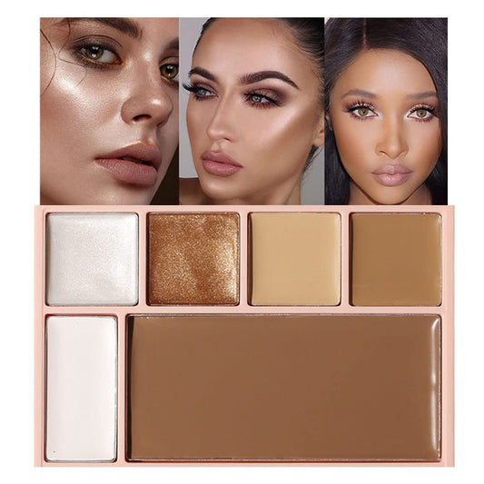 Pro Cream Highlight and Contour Palette Kit with Mirror & Brush for Women. White Silver Gold Highlight Brown Face Correcting Concealer Palette