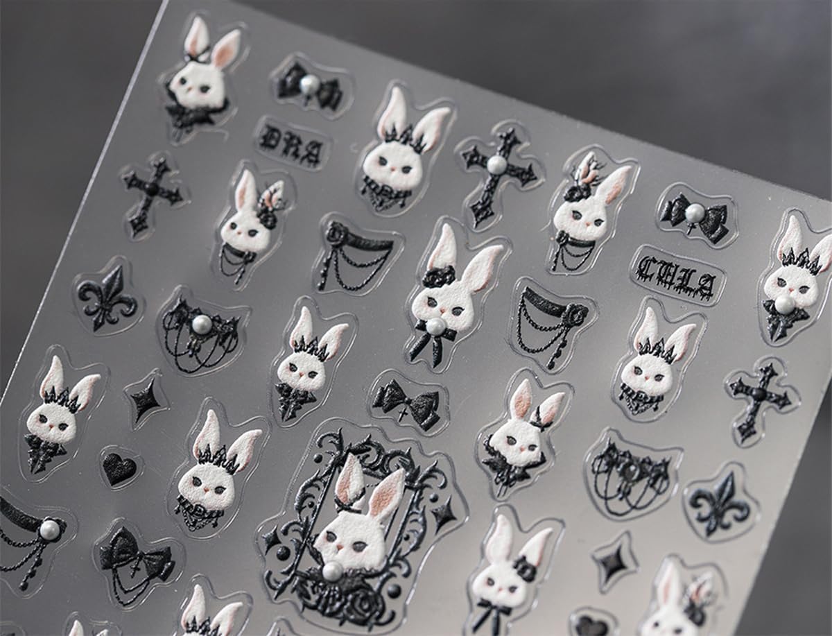 5D Embossed Bunny Nail Stickers Lovely Rabbit Nail Art White Black Nail Decals Cute Stickers for Nails Designs Self Adhesive Nail Art Supplies & Decorations for Women Girls 1 Sheet