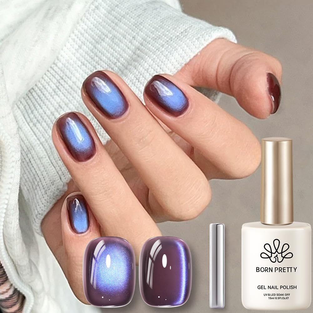 BORN PRETTY Cat Magnetic Eye Gel Nail Polish,Indigo Eggplant Glitter Cat Magnetic Gel Nail Polish Magnetic Nail Polish for Nail Art Manicure Salon DIY at Home 15ML
