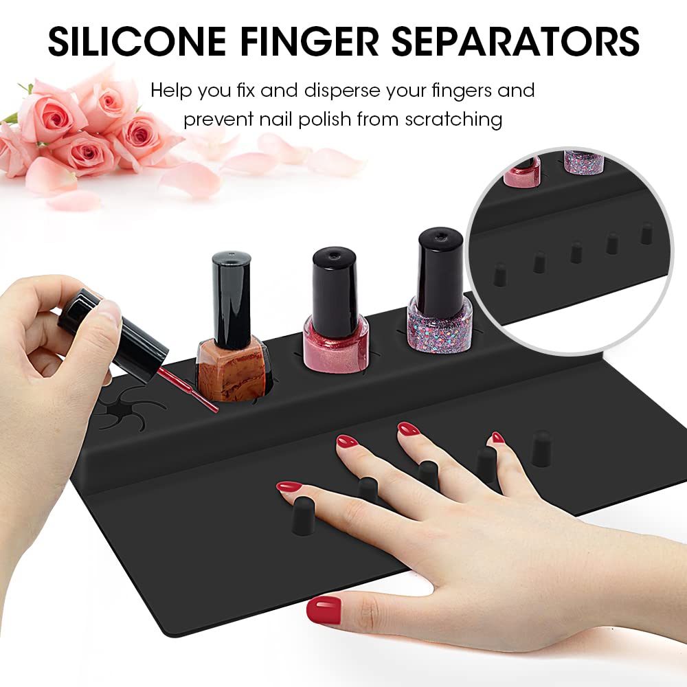 Nail Polish Holder, Silicone Hand Rest Mat Fingernail Painting Tools 2 in 1 Art Accessories Organizer Case Set with Anti-Spill Bottle Stand and Finger Separators for Pedicure Manicure-Black
