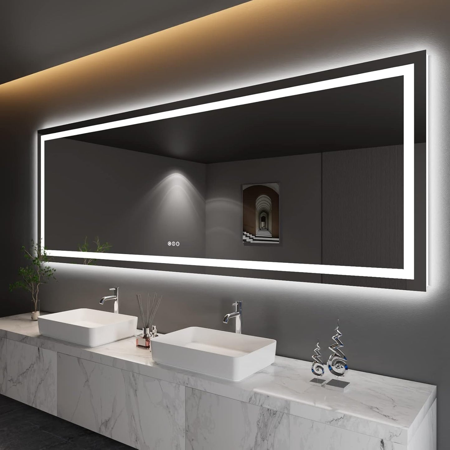 Amorho LED Bathroom Mirror 110" X40" with Front and Backlit, Stepless Dimmable Wall Mirrors with Anti-Fog, Shatter-Proof, Memory, 3 Colors, Double LED Vanity Mirror Large