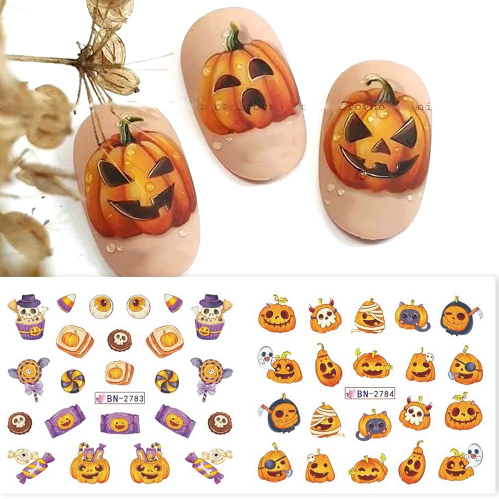 Halloween Nail Stickers 12 Sheets Pumpkin Halloween Nail Art Supplies Decorations Water Transfer Nail Decals Cute Ghost Witch Bat Skeleton Spider Design Watermark Slider Nail Foils for Women DIY