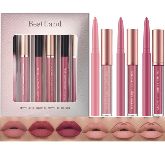 BestLand 6Pcs Matte Liquid Lipstick + Lip Liner Pens Set, One Step Lips Makeup Kits Pigment Velvety Nude Lip Stain Waterproof Long Wear Lip Gloss Make up Gift Set (Natural Allure Bundle)