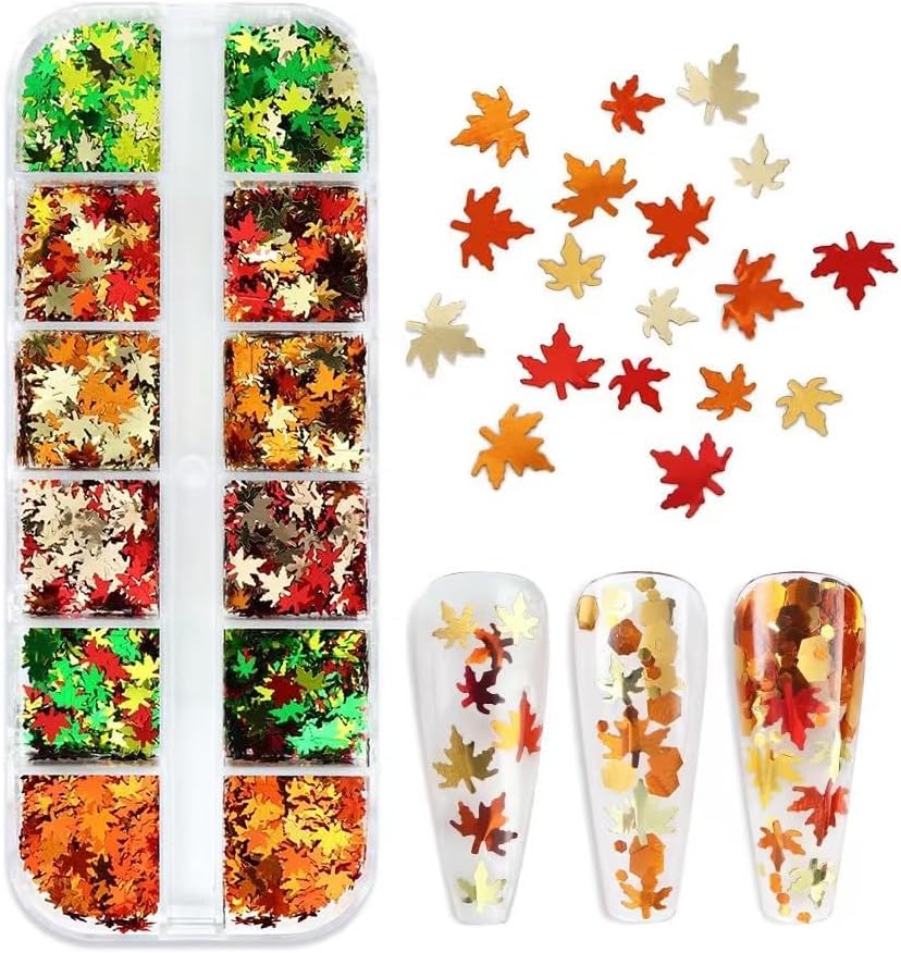 Fall Leaf Glitter Nail Sequins,3 Boxes Holographic Maple Leaf Nail Art Flakes Orange Red Gold Autumn Glitter Sticker Decals Manicure DIY Thanksgiving Decorations 36 Styles