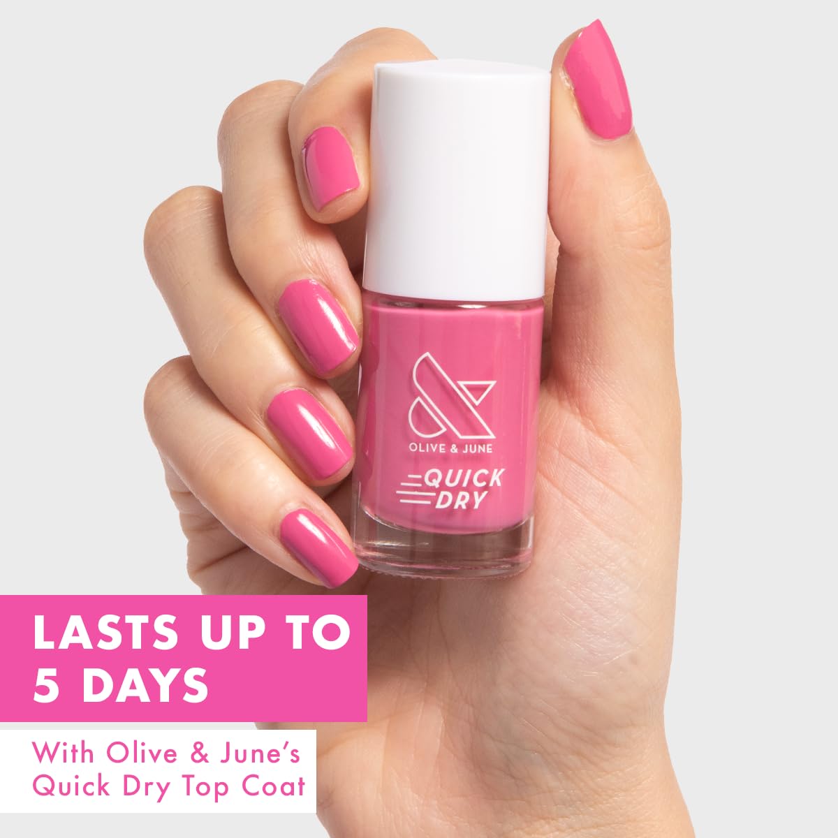 Olive & June Quick Dry Nail Polish | Instant Fast-Drying, Smudgeproof Color | 15-free, Vegan, Cruelty-Free Formula | Lasts up to 5 Days | Salon-Quality Manicure, Pedicure at Home | Prom Magenta Pink