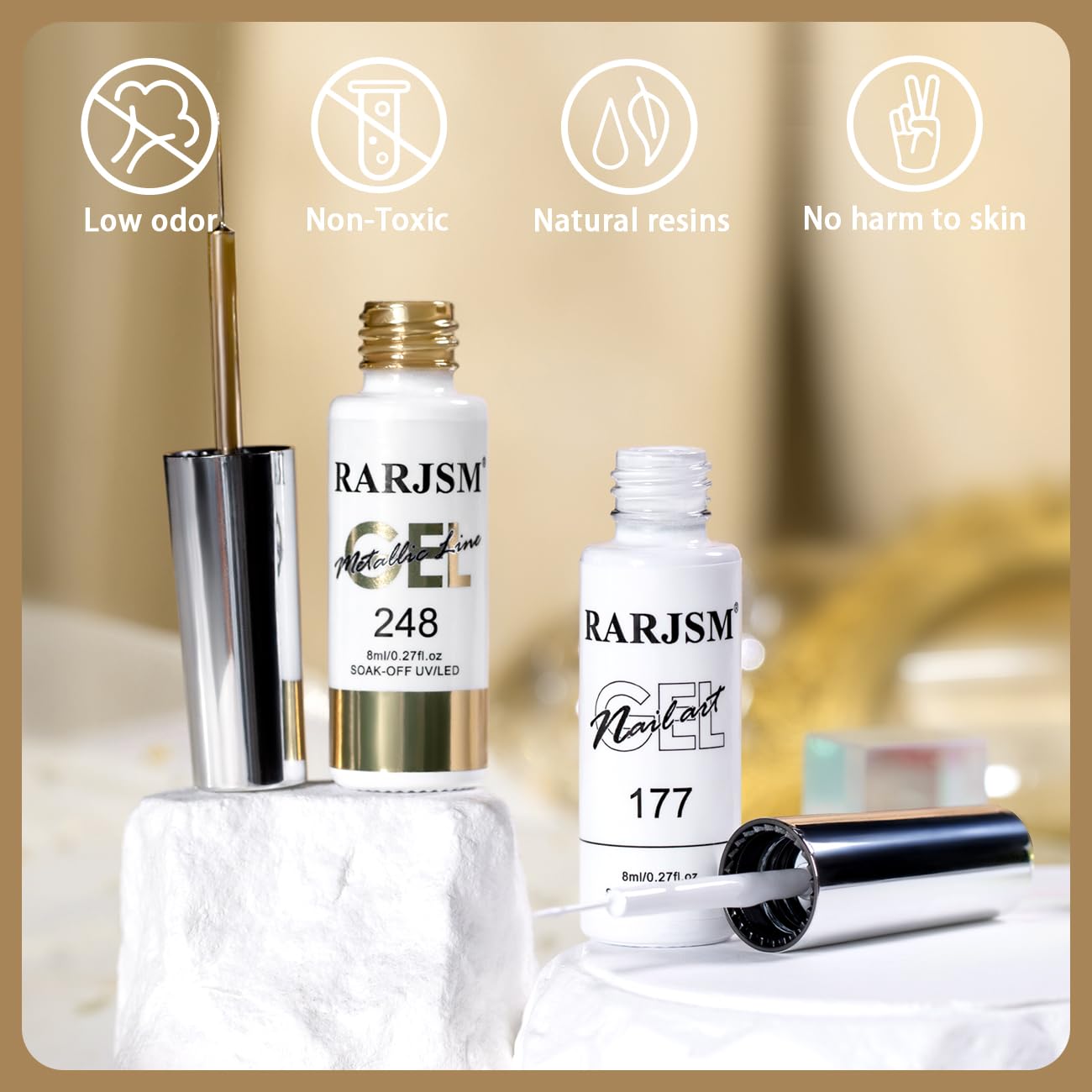 RARJSM Nail Art Gel Liner Metallic Bronze Gold and White 2pcs Set Mirror Chrome 3D Effect Gel Nail Polish 8ml Build in Thin Brush Swirl Drawing Stripper Gelpolish Curing Requires for Home Salon