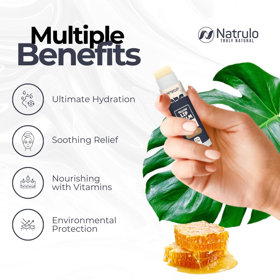 Beef Tallow Lip Balm – Natural Tallow Beeswax Chapstick – Hydrating Moisturizer Grass Fed Bison Tallow Balm Lip Care – Soothes Chapped Dry Lips, Sensitive Skin – Long Lasting Vitamin Rich USA-Made 2Pk