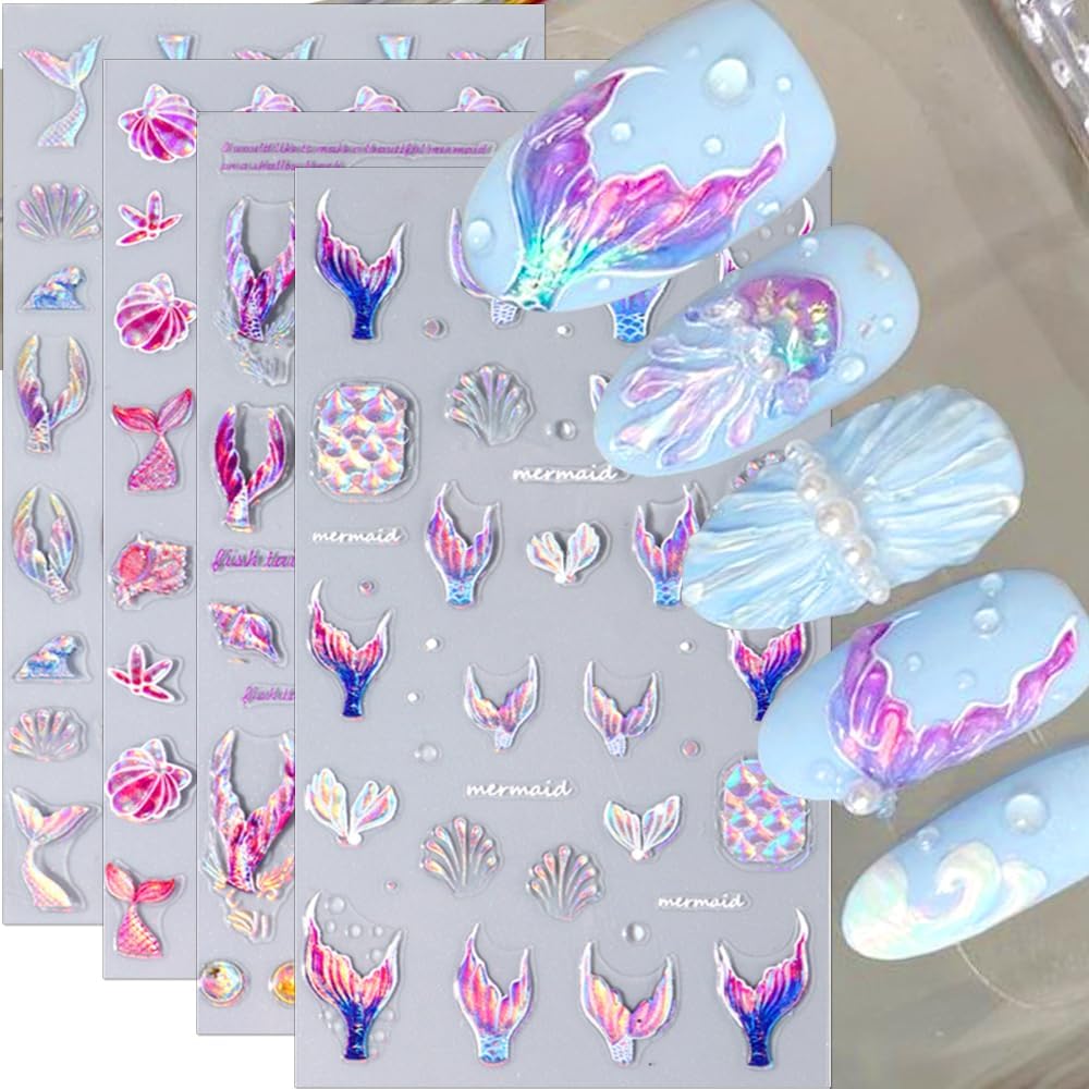 5D Dreamy Mermaid Tail Nail Stickers Summer Nail Decals 5D Embossed Laser Mermaid Nail Art Stickers Sea Wave Fishtail Shellfish Starfish Nail Design Stickers Self Adhsive Ocean Stickers for Nails DIY