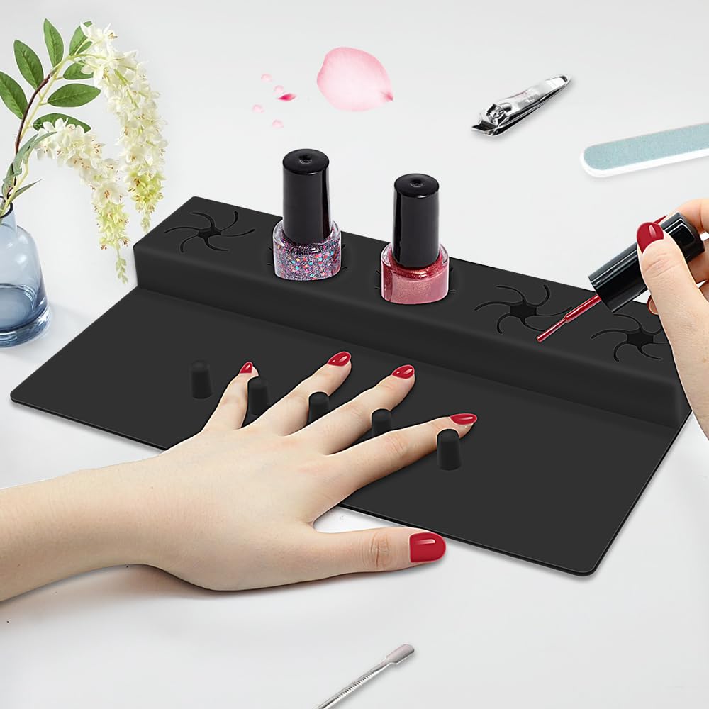Nail Polish Holder, Silicone Hand Rest Mat Fingernail Painting Tools 2 in 1 Art Accessories Organizer Case Set with Anti-Spill Bottle Stand and Finger Separators for Pedicure Manicure-Black