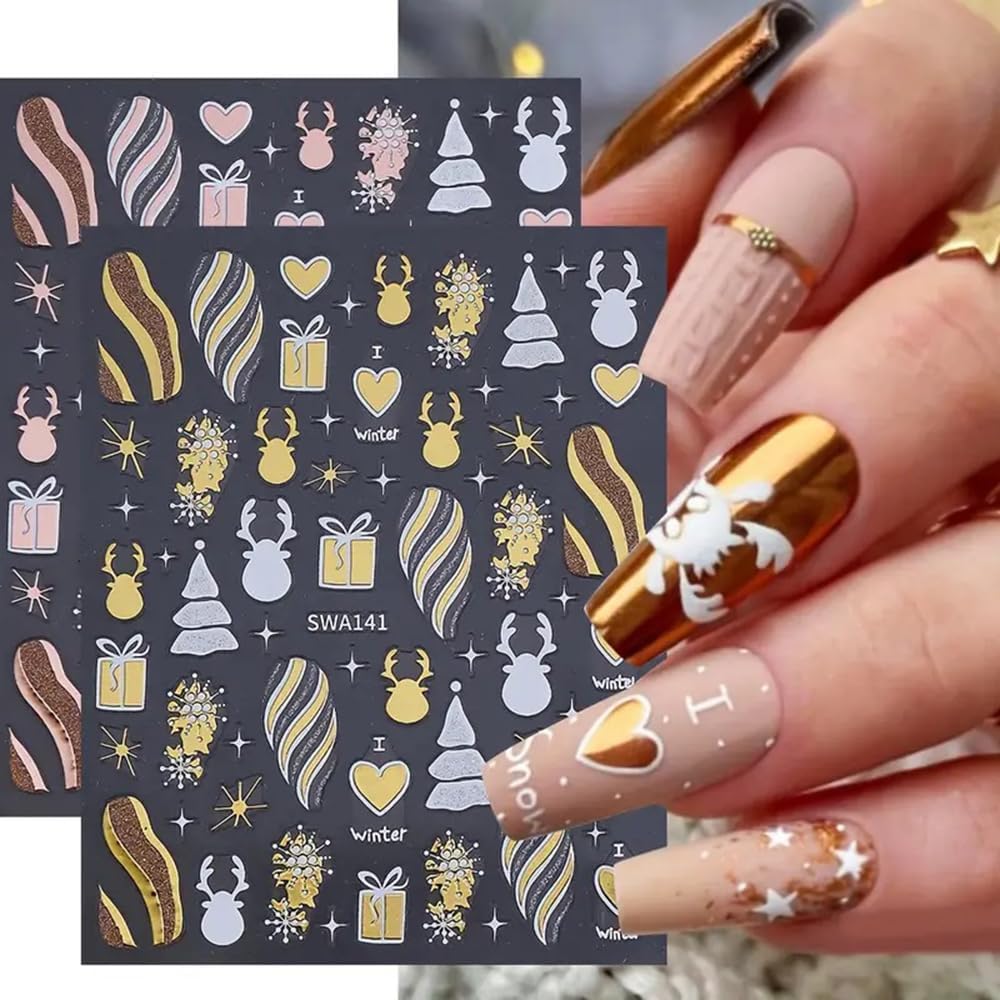 2PCS Christmas Nail Art Stickers, Winter Snowflake Reindeer Nail Stickers Christmas Gift Heart Pattern Self-Adhesive Nail Decals, DIY Nails Art Decoration, Festive Nails Supplies, Xmas Nails Charms