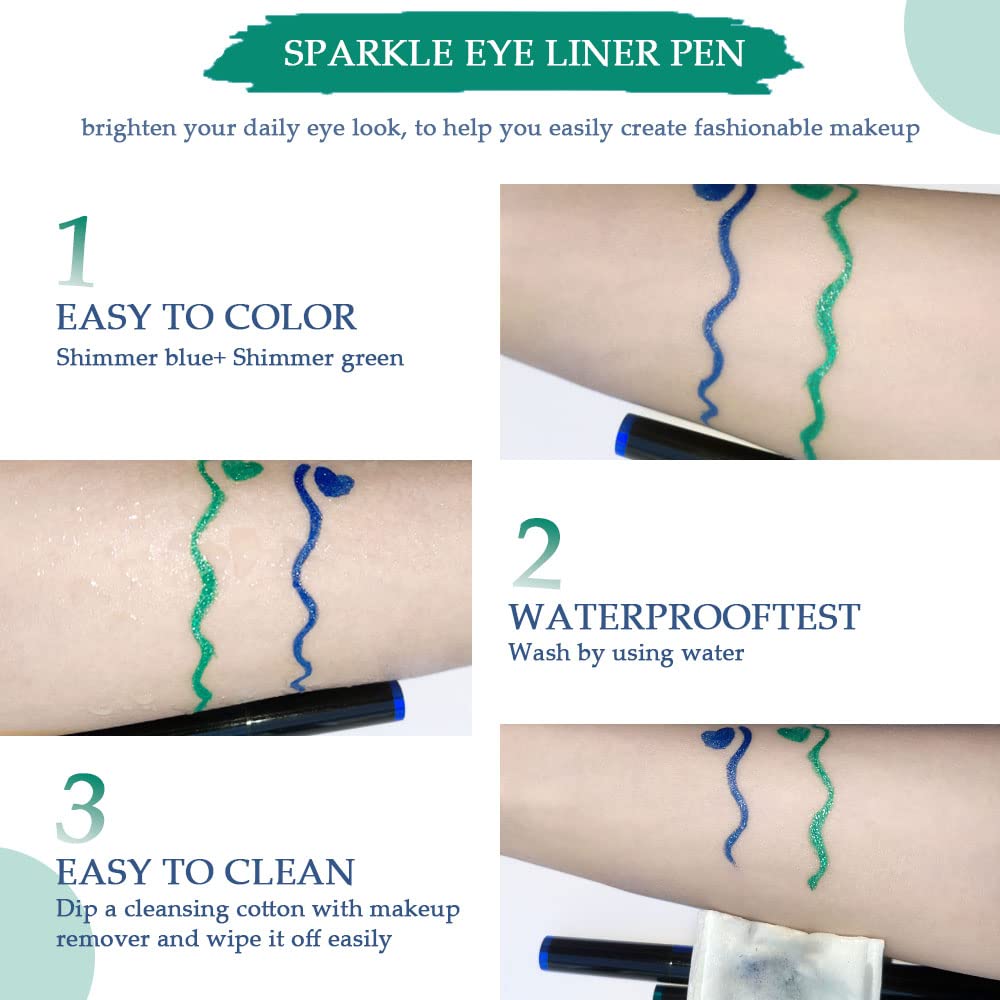 evpct 2Pcs Green & Royal Blue Glitter Shimmer Liquid Eyeliner Eye Shadow Makeup Pencil Set, Green Blue Face Body Glitter Makeup Fake Eyelashes Mascara, Sparkle Metallic Colored Eyeliner Waterproof