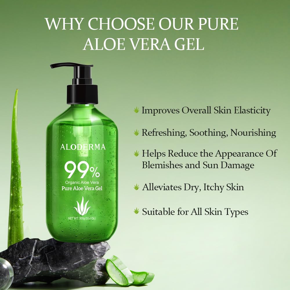 Aloderma 99% Organic Aloe Vera Gel Made within 12 Hours of Harvest - Lightweight, Non-Sticky Aloe Gel for Face Body, Hair, & Scalp, After Sun Relief, Natural, Soothing Hydrating Aloe Gel, 10.6oz