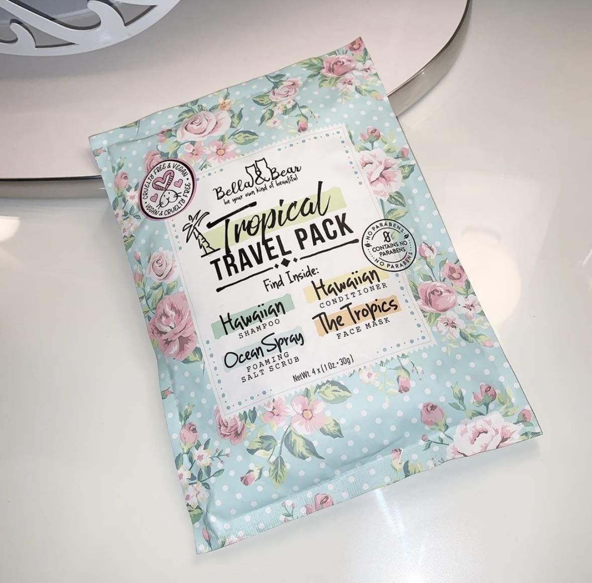 Bella & Bear Tropical Travel Pack, Self Care Kit, Includes Cruelty Free Shampoo, Conditioner, Body Scrub, Face Mask,1oz, Pack of 4