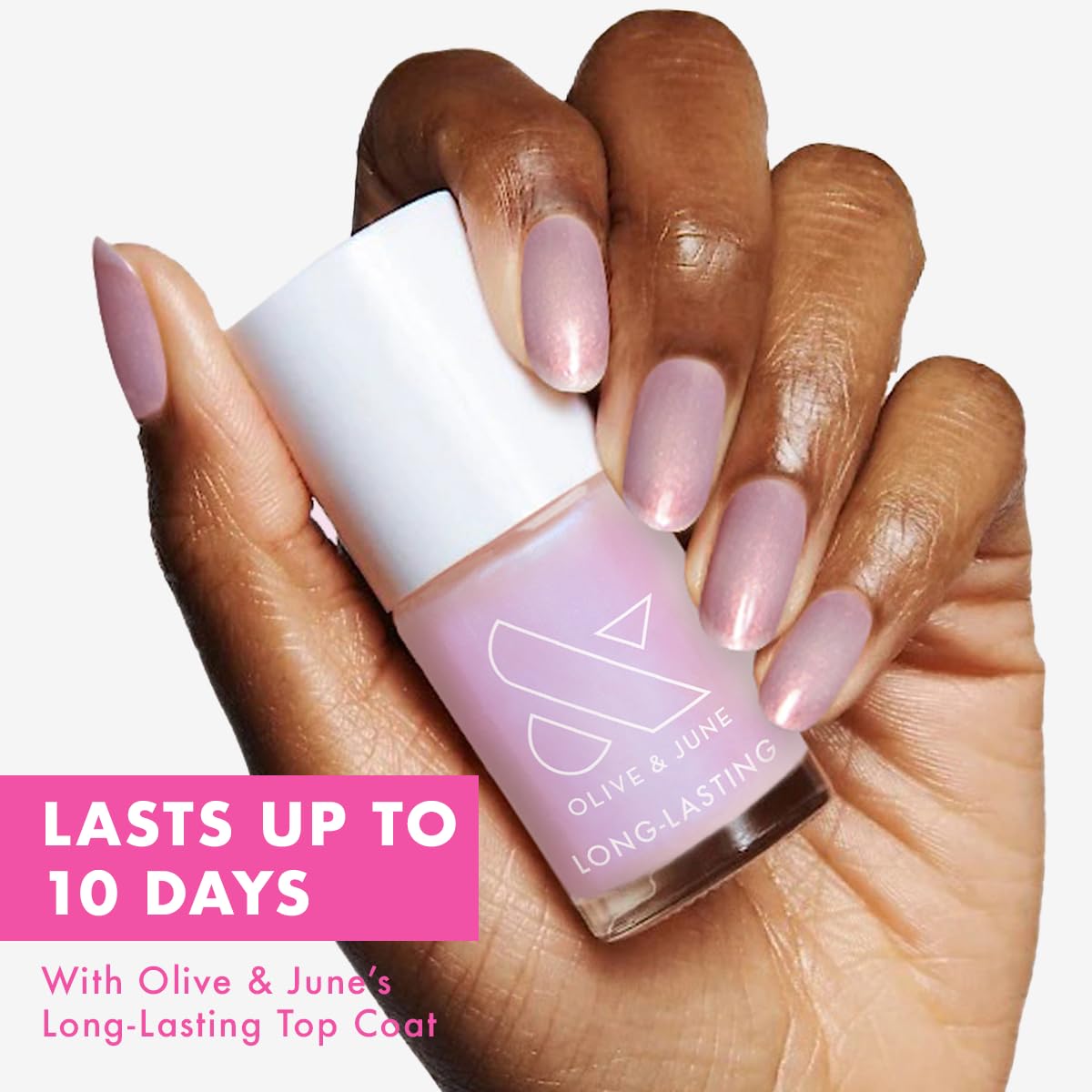 Olive & June Long Lasting Nail Polish | Plump, Gel-Like Finish No Lamp Needed | Lasts up to 10 days | Salon-Quality at Home | 15-Free, Vegan Cruelty-Free Chip-Resistant | Pink Goldfish Pink Iridescent