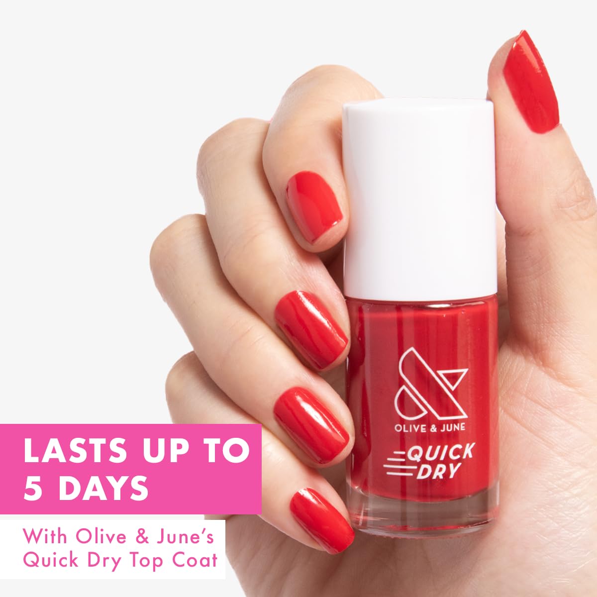 Olive & June Quick Dry Nail Polish | Instant, Fast-Drying, Smudgeproof Color | 15-free, Vegan, Cruelty-Free Formula | Lasts up to 5 Days | Salon-Quality Manicure, Pedicure at Home | Smooch Scarlet Red