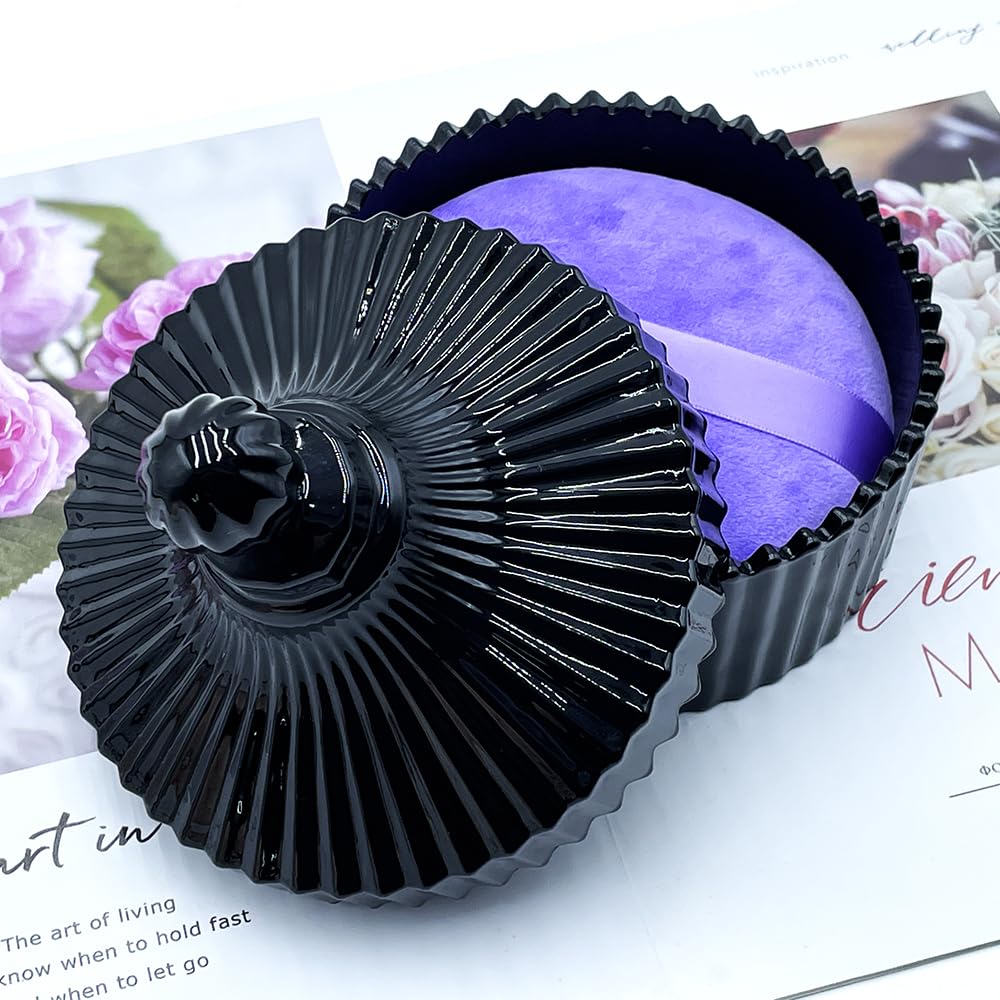 2 Pack Extra Large 5.2" Beige & Purple Powder Puffs and 5.3" Glass Container – Oversized Soft Body & Face Large Powder Puff Dusting Powder Jar Holder Case(Black Glass)