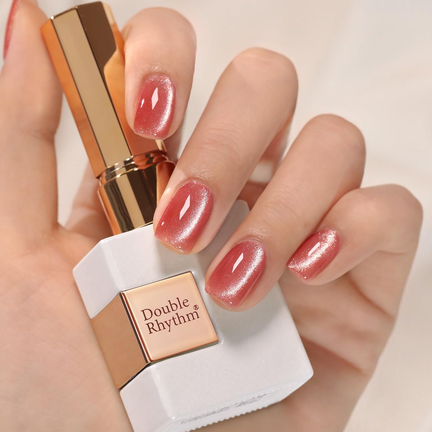 Double Rhythm Cat Eye Gel Polish with Magnet 15ML Holographic Glitter Shimmer Translucent Jelly Color 0.5 OZ Magnetic Gel Polish Salon DIY at Home (Rose Peach-MC1059)