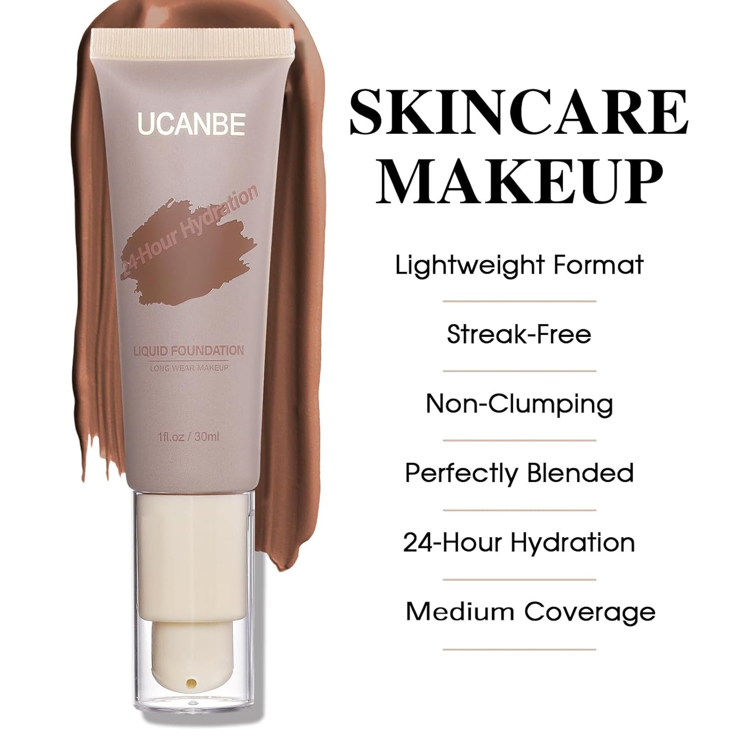 UCANBE Matte Liquid Foundation with Brush, Skincare Serum Foundation Face Makeup with Hyaluronic Acid, Medium to Full Coverage Waterproof Oil Control Longwear, for Mature Skin, Cocoa, 1 fl. oz.