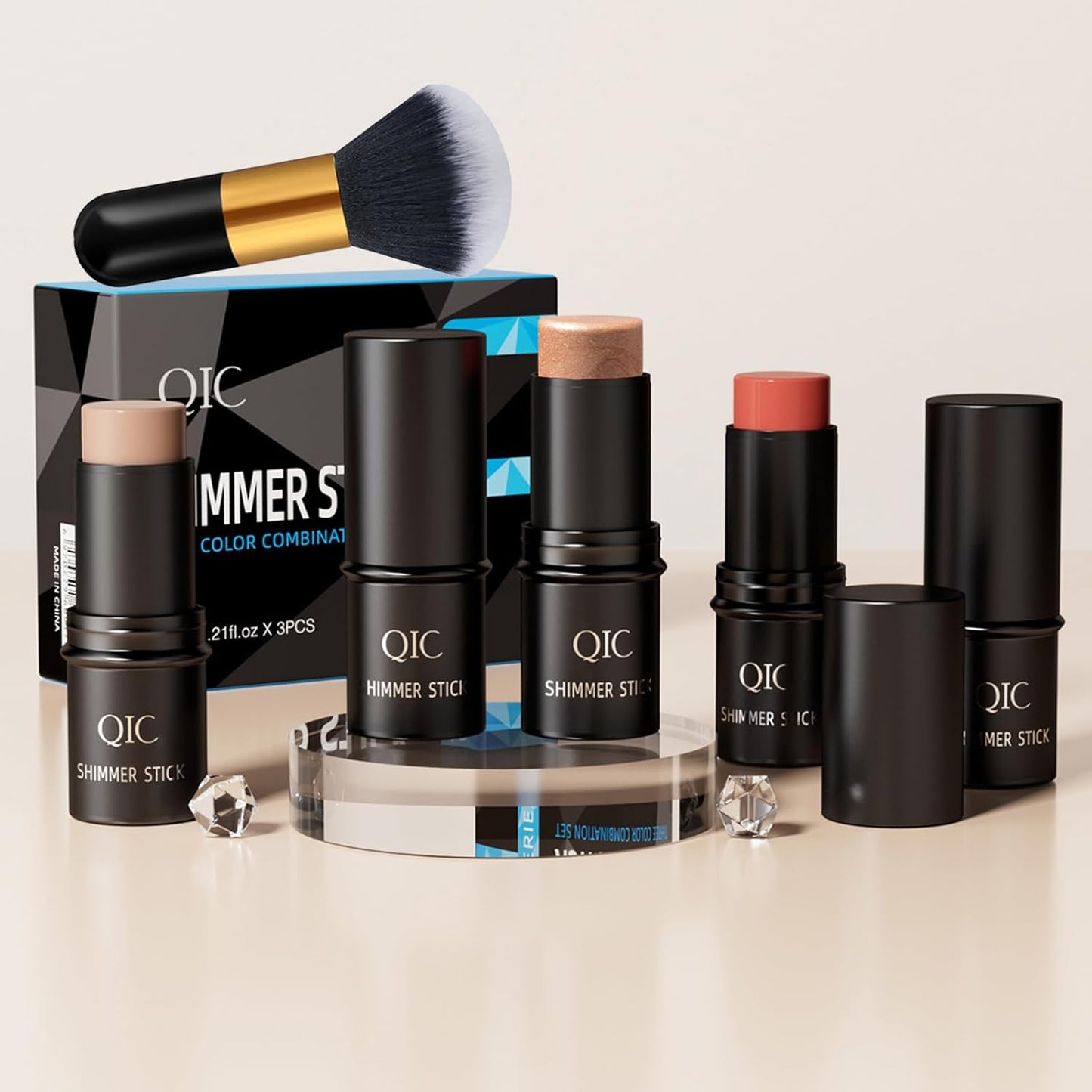 3 Pcs Contour Highlighter Stick Cream Blush for Cheeks Eyes Lips Lightweight Dewy Finish Bronzer Waterproof Long Lasting Contour Stick Trio Wand Face Makeup Set（Send brushes）