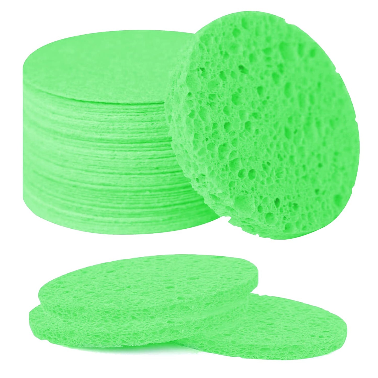 50-Count Facial Sponges Compressed Natural Cellulose Sponge Round Shape Face Sponge for Face Cleansing Exfoliating and Makeup Removal, Green