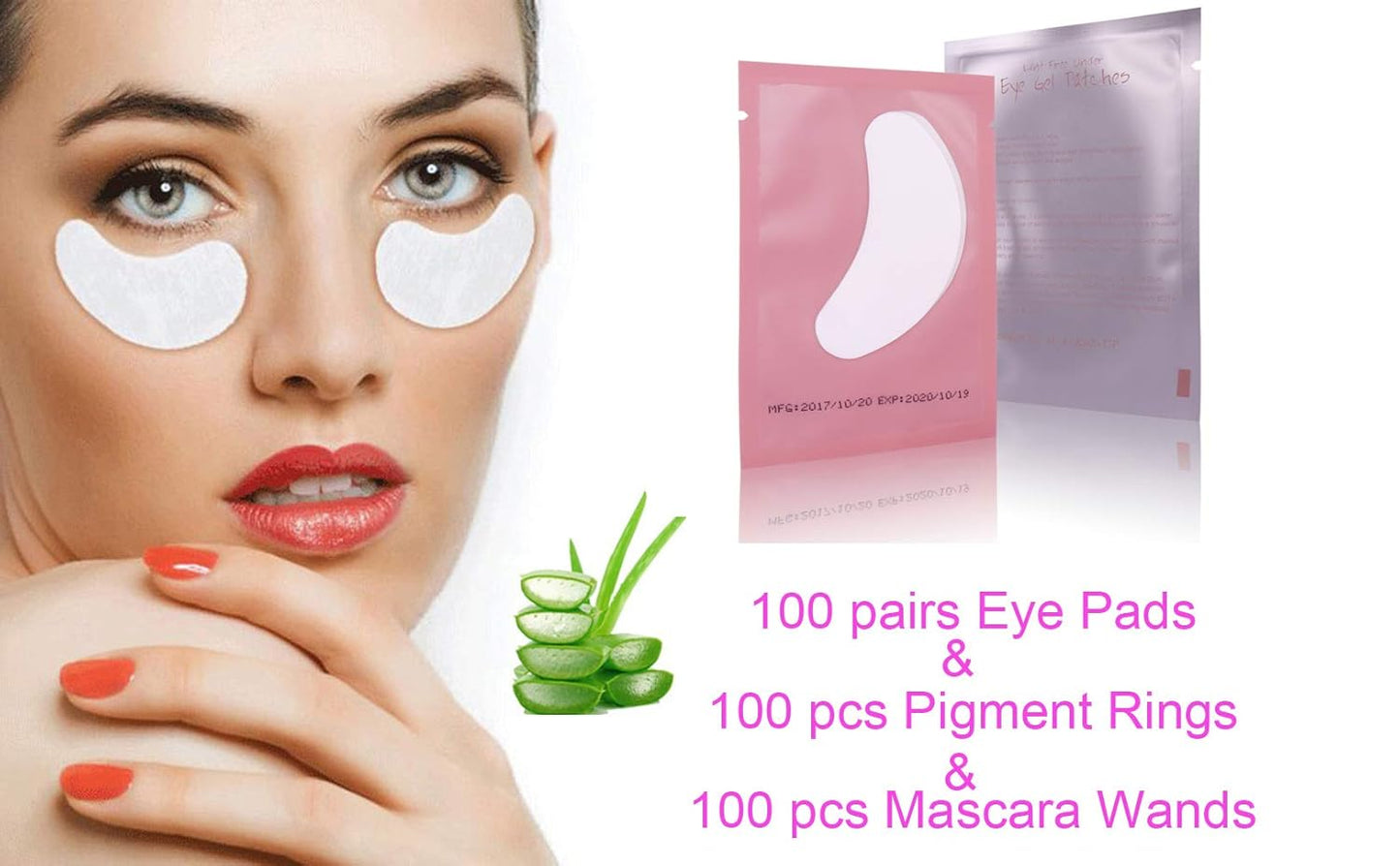 3x100 Packs- Lint Free Lash Extension Eye Gel Patches & Glue Rings Holder Eyelash Extension Rings & Eyelash Mascara Brushes Wands