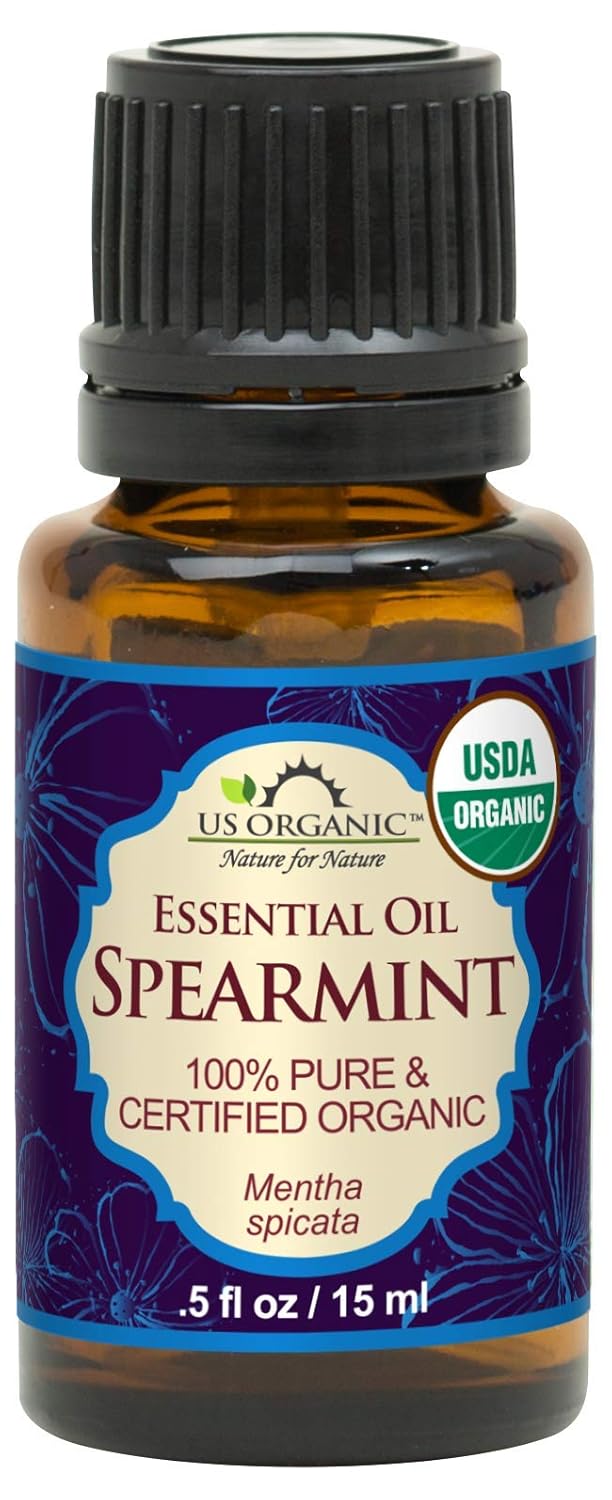 US Organic 100% Pure Spearmint Essential Oil - USDA Certified Organic, Steam Distilled - W/Euro droppers (More Size Variations Available) (15 ml / .5 fl oz)