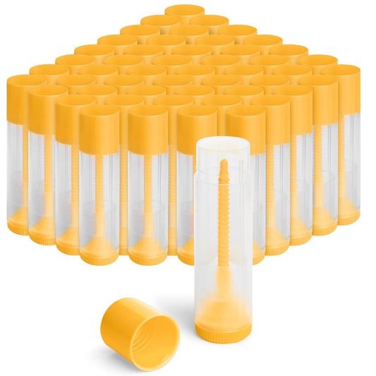 JuLand 50 Pack Empty Lip Balm Containers Bulk 5.5ml - Clear Twist-Up Tubes with Yellow Caps, Refillable Chapstick Tube for DIY Lip Balm Making