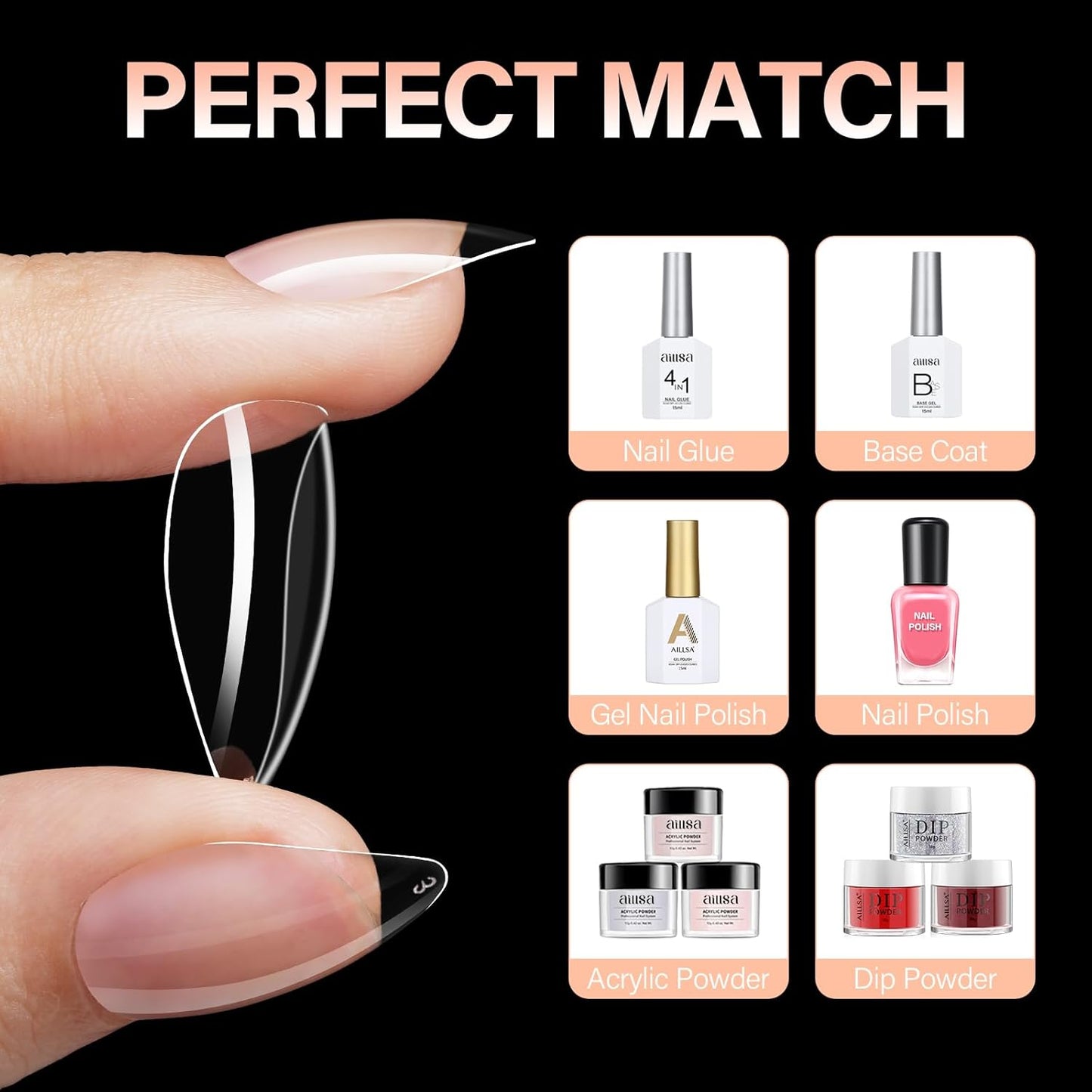 AILLSA Short Almond Nail Tips 504PCS Clear Full Cover Soft Nail Tips Gel Fake Nails Tips Preshaped Press on False Gelly Tips for Nail Extension DIY Home Salon Gift, 10 Sizes