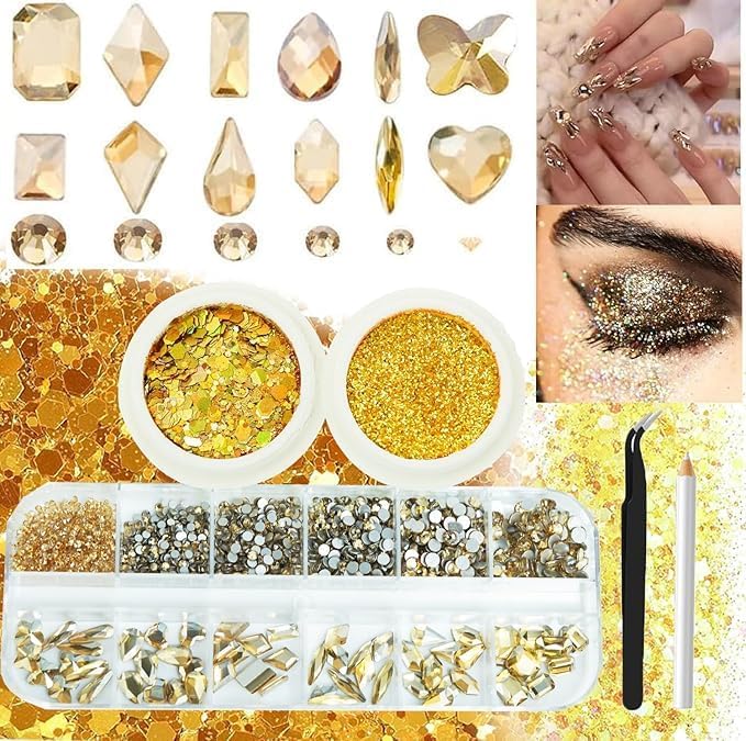3 Boxes Champagne Gold Nail Rhinestones with Fine Glitters Kit, 60Pcs Big Glass Nail Gems with S6-S16 Flatback Round Stones,Crystals Nail Gem Stones for Faces Body DIY Crafts