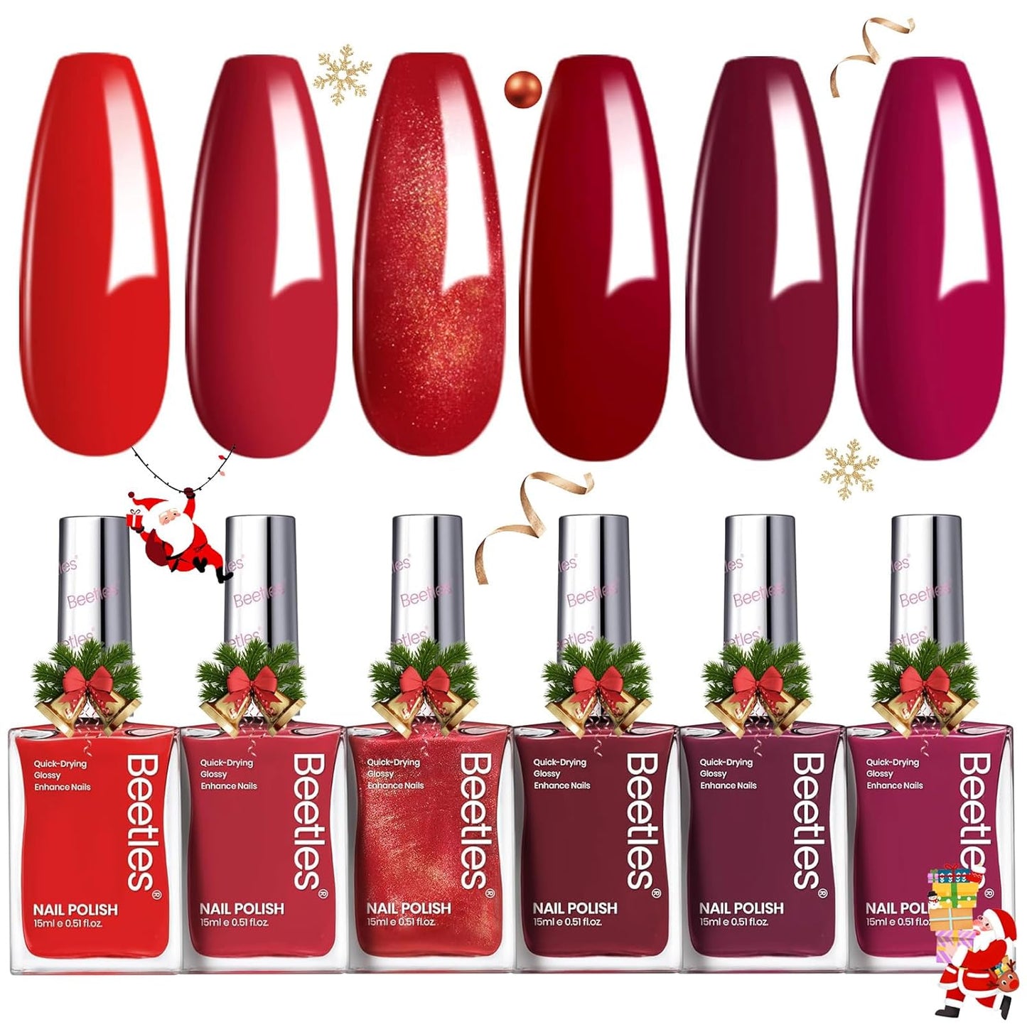 Beetles Red Nail Polish Set Blazing Rose, 6 Colors Dark Red Burgundy Nail Polish Glossy 15ml Enhance Nails Quick Dry Fingernail Polish for Nail Art Manicure 4th of July DIY at Home Gifts For Women