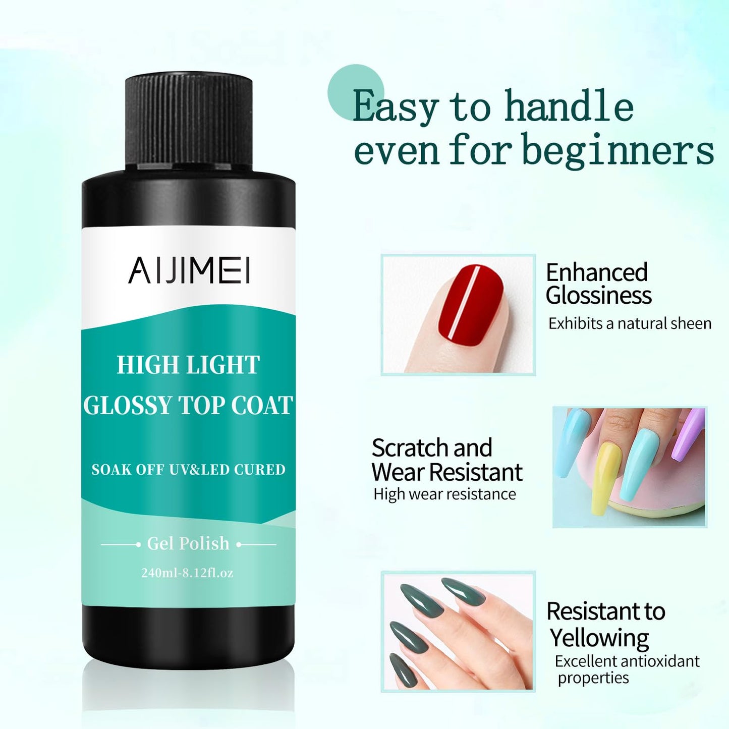 AIJIMEI 240ml High Shine Glossy Top Coat for Nails Long Lasting, Smooth TopCoat, High Light Glossy Top Coat for DIY Nail Art Use Enhance Your Manicure with Brilliant Reflection 8 Fl Oz