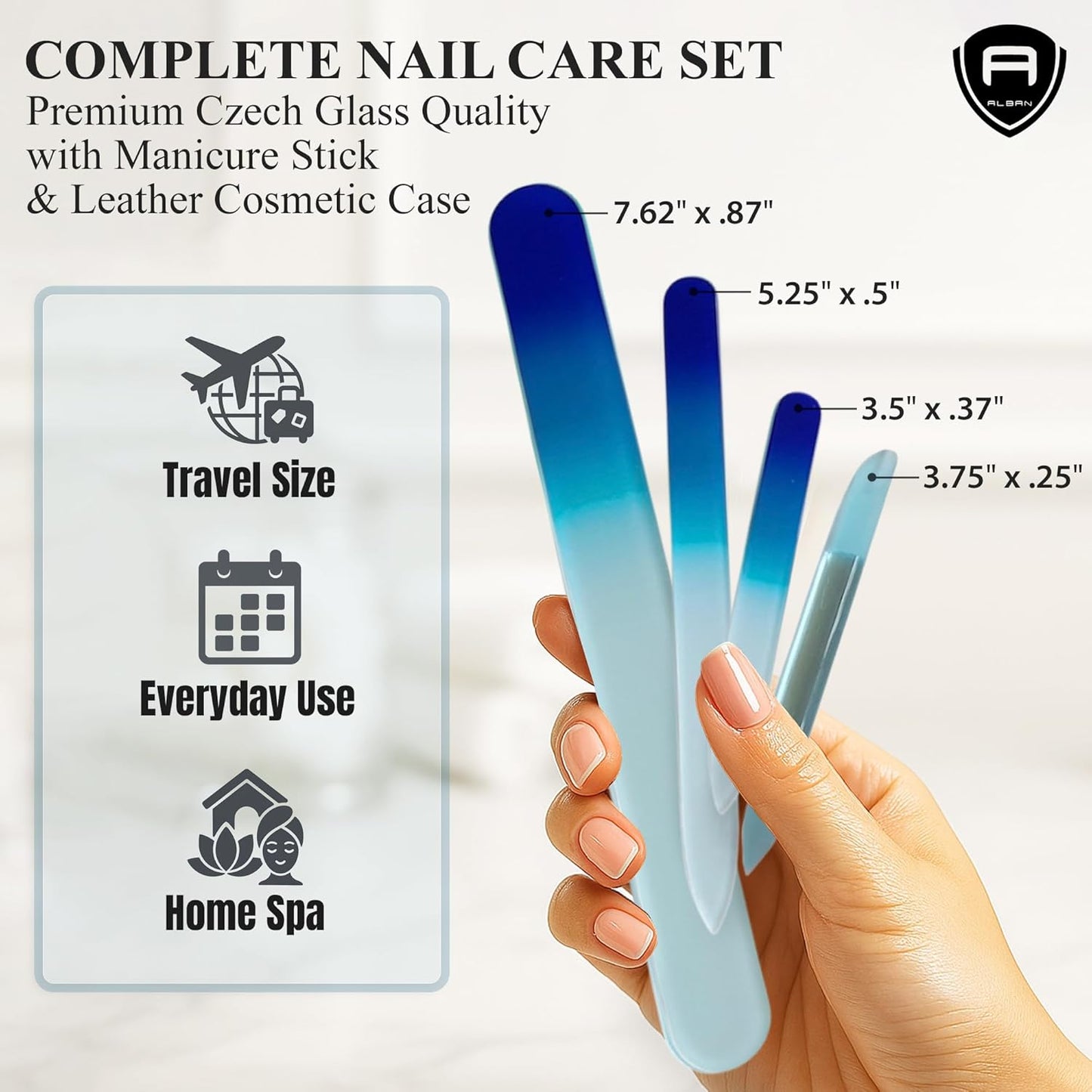 Alban Czech Glass Nail File Set with Manicure Stick & Vegan Leather Cosmetic Case (Royal Blue Nail Files, Light Blue Manicure Stick & Cosmetic Case)