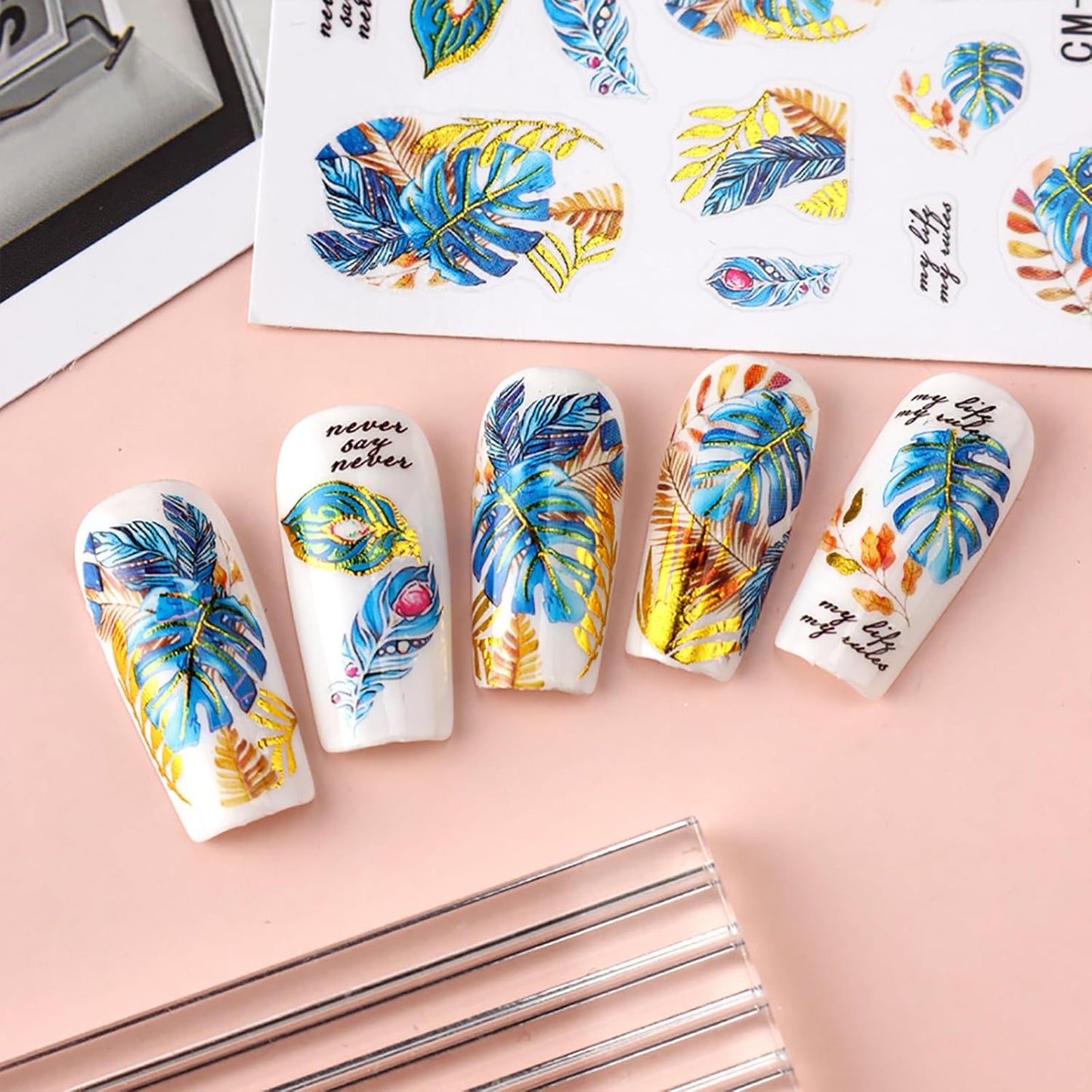 Flower Nail Art Stickers Women Spring Summer Embossed Floral Leaves Holographic Manicure Decals Self Adhesive DIY Decorations Supplies 5 Sheets