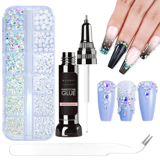 Makartt AB Rhinestones Gel Nail Glue for Gems, 8ML with Half-Round Pearl & Rhinestone Picker Tweezers, Strong Adhesive for Nail Gems, Diamond Art & Nail Charms Decoration