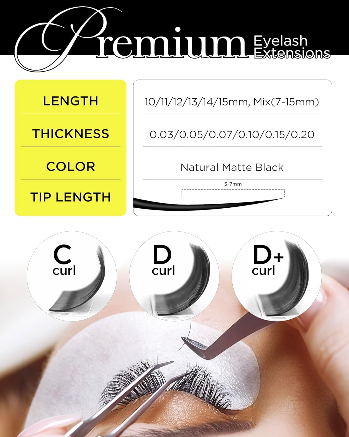 BEYELIAN Eyelash Extension 0.05 D+ Curl 14mm Tray Easy Fan Lash Extensions Volume Lashes 100°/212°F High Temperature Resistant Classic Professional Use Natural Matte Black (0.05 D+ 14mm)