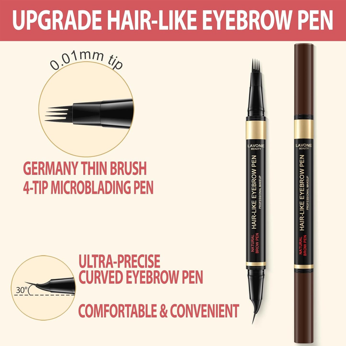LAVONE Eyebrow Pen, 2-in-1 Eyebrow Pencils for Women with 4 Tip Microblading Eyebrow Pencil and Curved Precise Brow Pencil, Waterproof Eyebrow Pencil Create Full, Natural Hair-Like Brows, Brunette