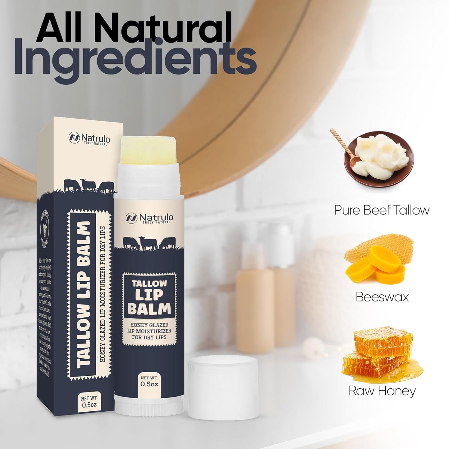 Beef Tallow Lip Balm – Natural Tallow Beeswax Chapstick – Hydrating Moisturizer Grass Fed Bison Tallow Balm Lip Care – Soothes Chapped, Dry Lips, Sensitive Skin – Long Lasting & Vitamin Rich USA-Made