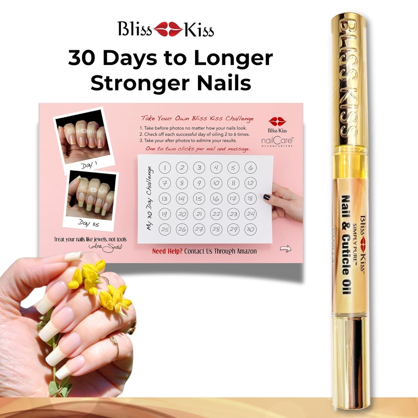 Bliss Kiss | 1 Vanilla Fragrance | Nail Oil Cuticle Pen w/Vitamin E & Jojoba⏤Nail Strengthener Nail Growth Serum for Brittle Peeling Breaking Thin Nails