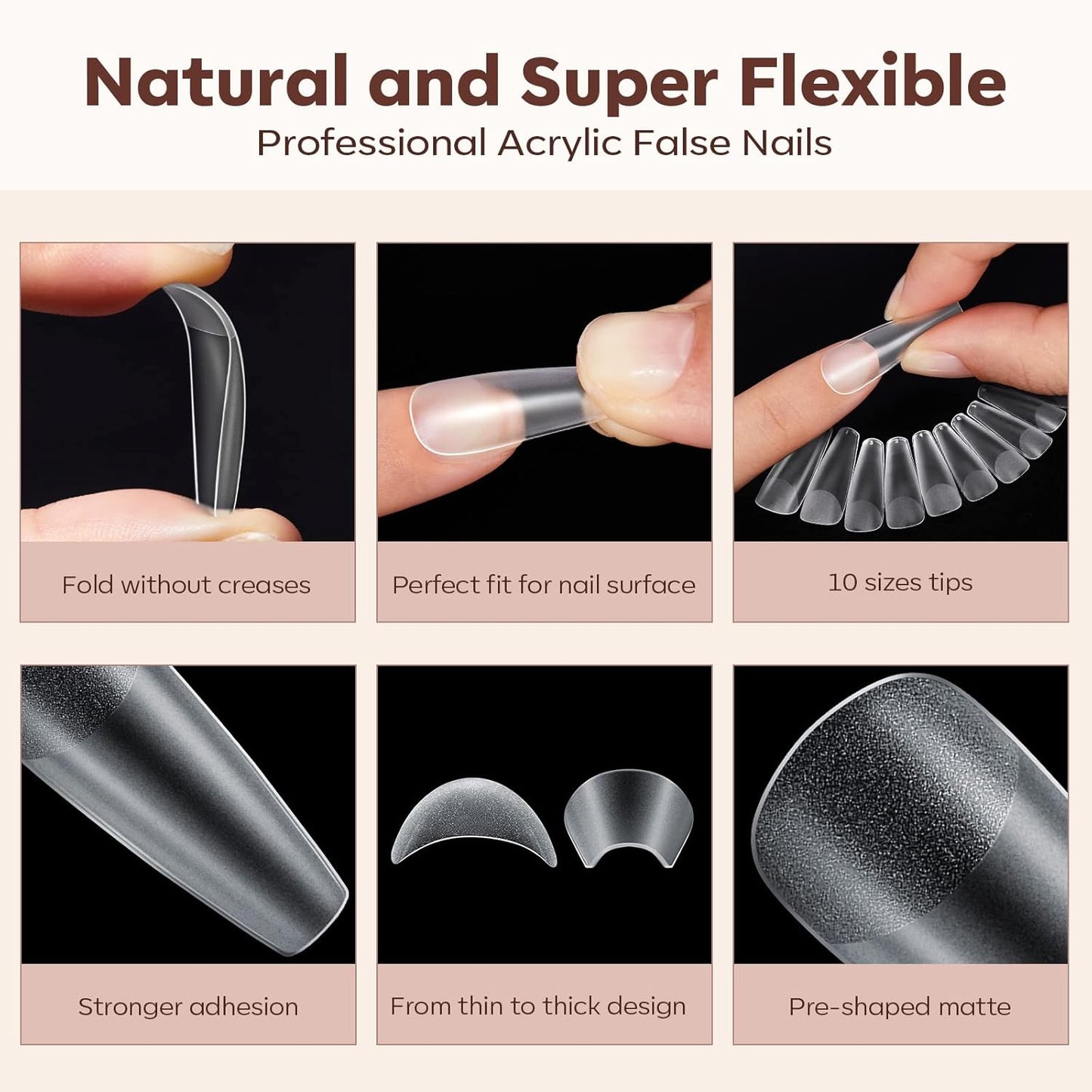 Modelones Long Coffin Nail Tips Fake Nails Gel Tips Full Matte Cover More Friction for Acrylic Professional Extension Gel Manicure Art Design 10 Sizes