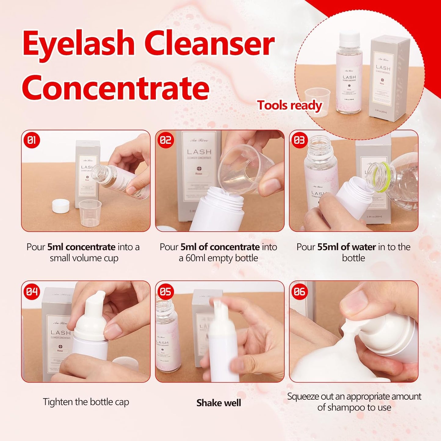 Lash Shampoo Concentrate 100ml Lash Extension Cleanser Oil-Free Eyelash Extension Shampoo with Salon Home Care -Makes 20 Bottles 60ml Eyelash Cleaner,Strawberry