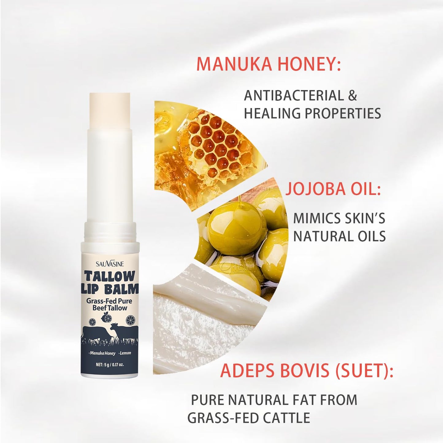 2PCS Tallow Lip Balm With Grass-Fed Beef Tallow & Manuka Honey Long-Lasting Moisturizing Lip For Cracked and Dull Lip, Natural Balm 5g/0.17oz