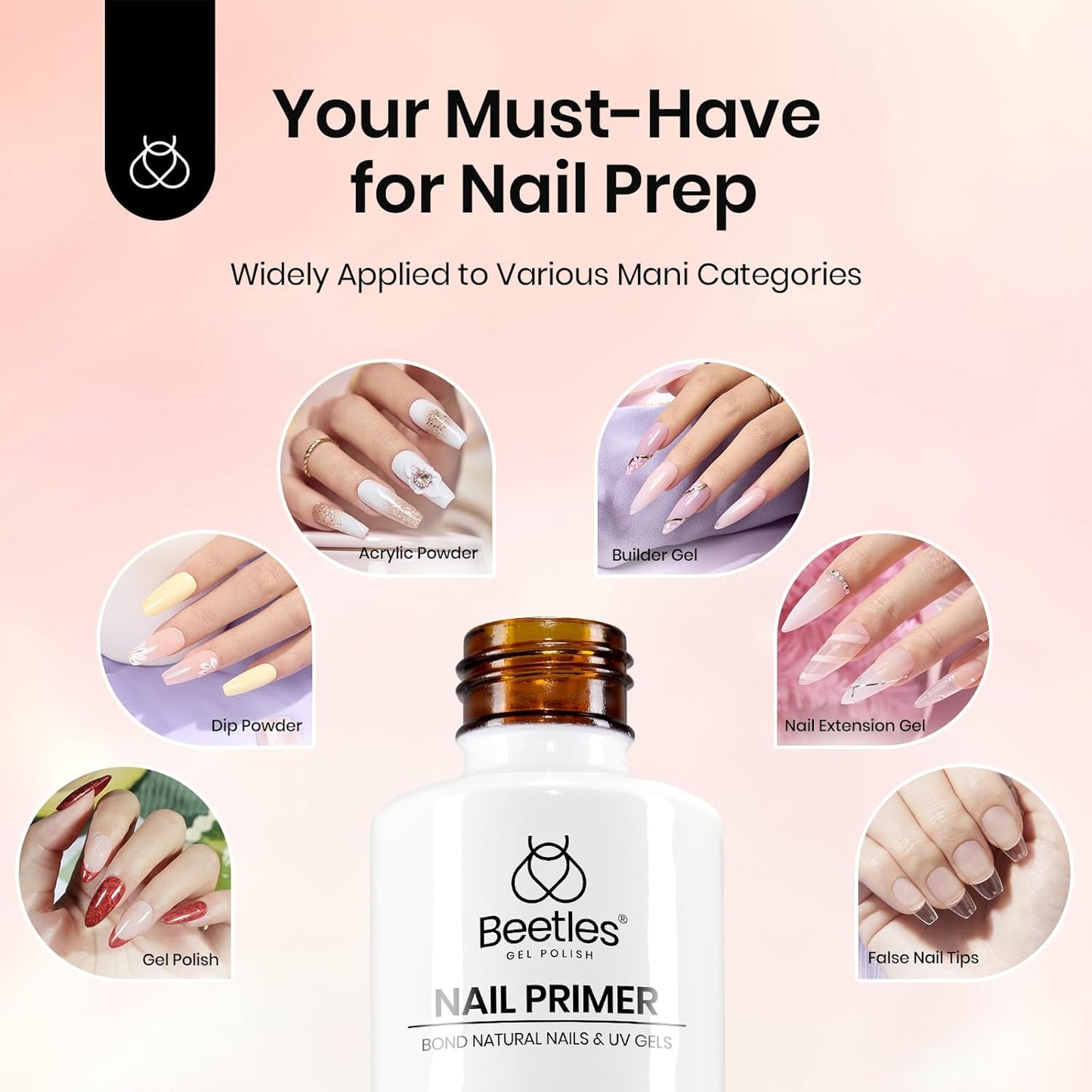 Beetles 20ml Nail Primer for Gel Nail Polish, Hema Free Dehydrator and Primer Bond Acid-Free Fast for Acrylic & UV Gel Gift for Women