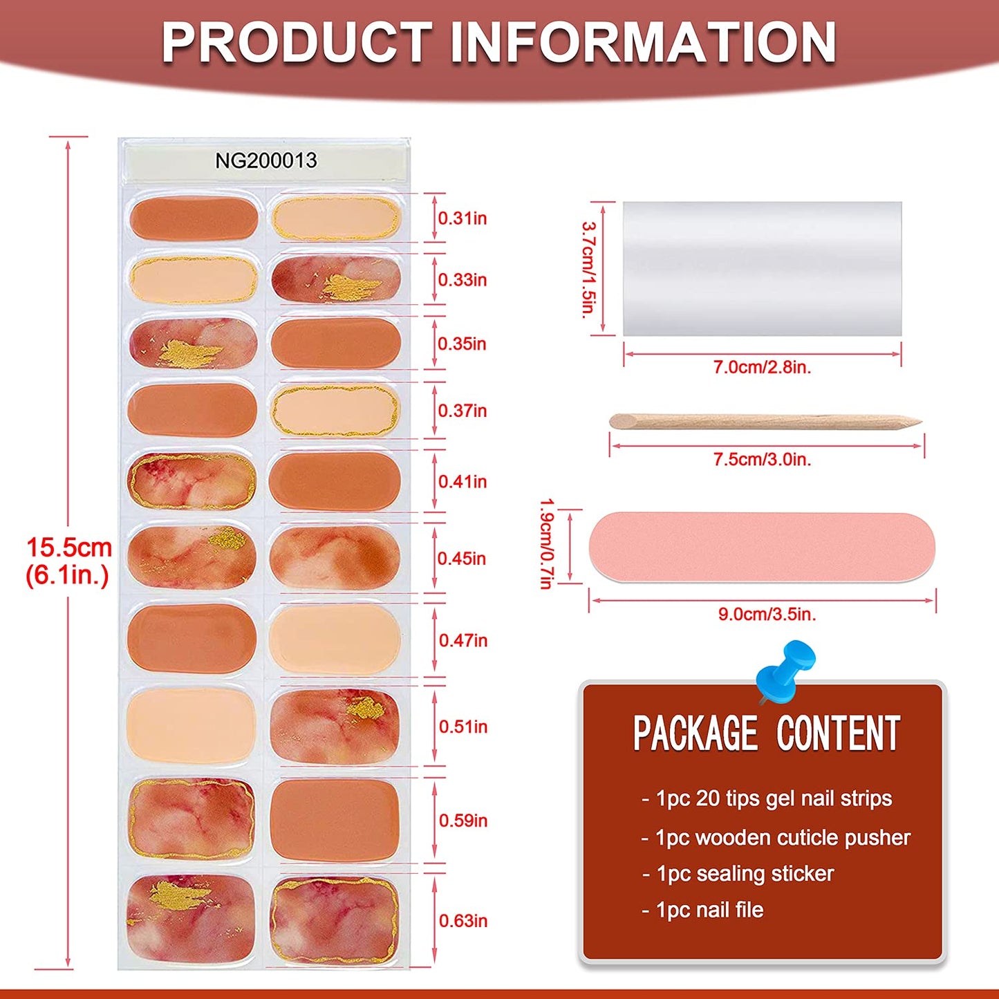 WOKOTO 20 Tips Pink Marble Design Semi-Cured Real Gel Nail Polish Strips Wraps Set With Nail File And Wood Stick On Full Press On Nail Stickers For Women Girls Gel Nail Strips Set Nail Gel Wraps