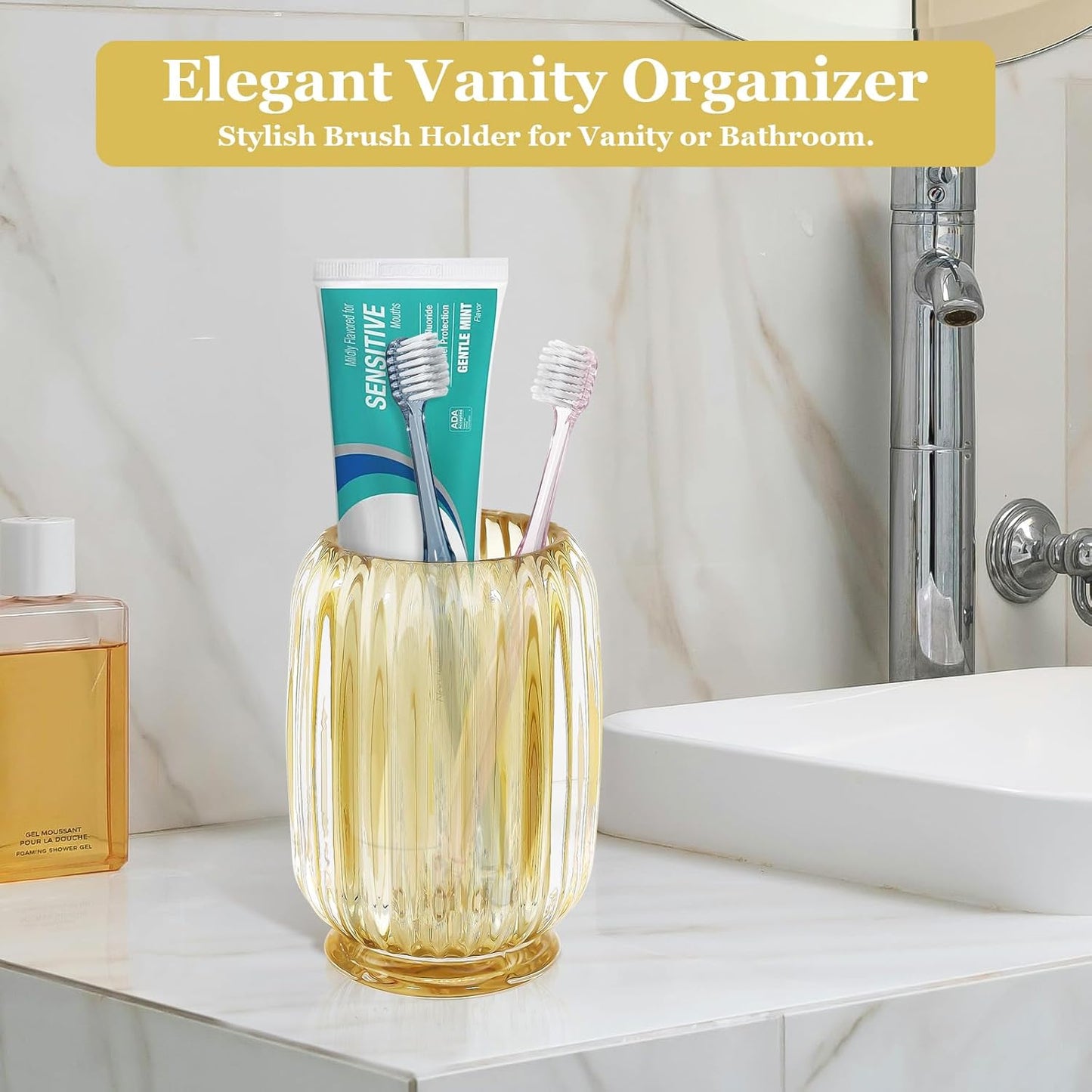 Makeup Brush Holder, Thick Glass Makeup Brush Organizer Cup, 4.8" Tall for Vanity Hair Brush Holder Brushes Storage, Makeup Brush Holder Organizer organizador de brochas de maquillaje Crystal Amber